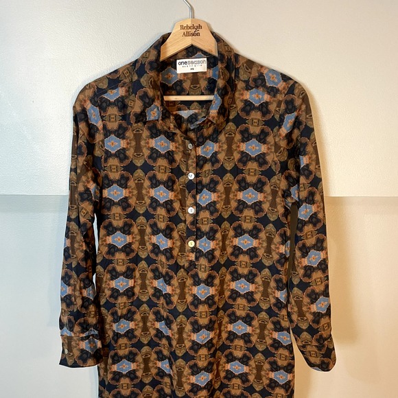 One Season Papy Abstract Print Split V Neck Midi Beach Dress Brown SZ XS - Picture 7 of 16